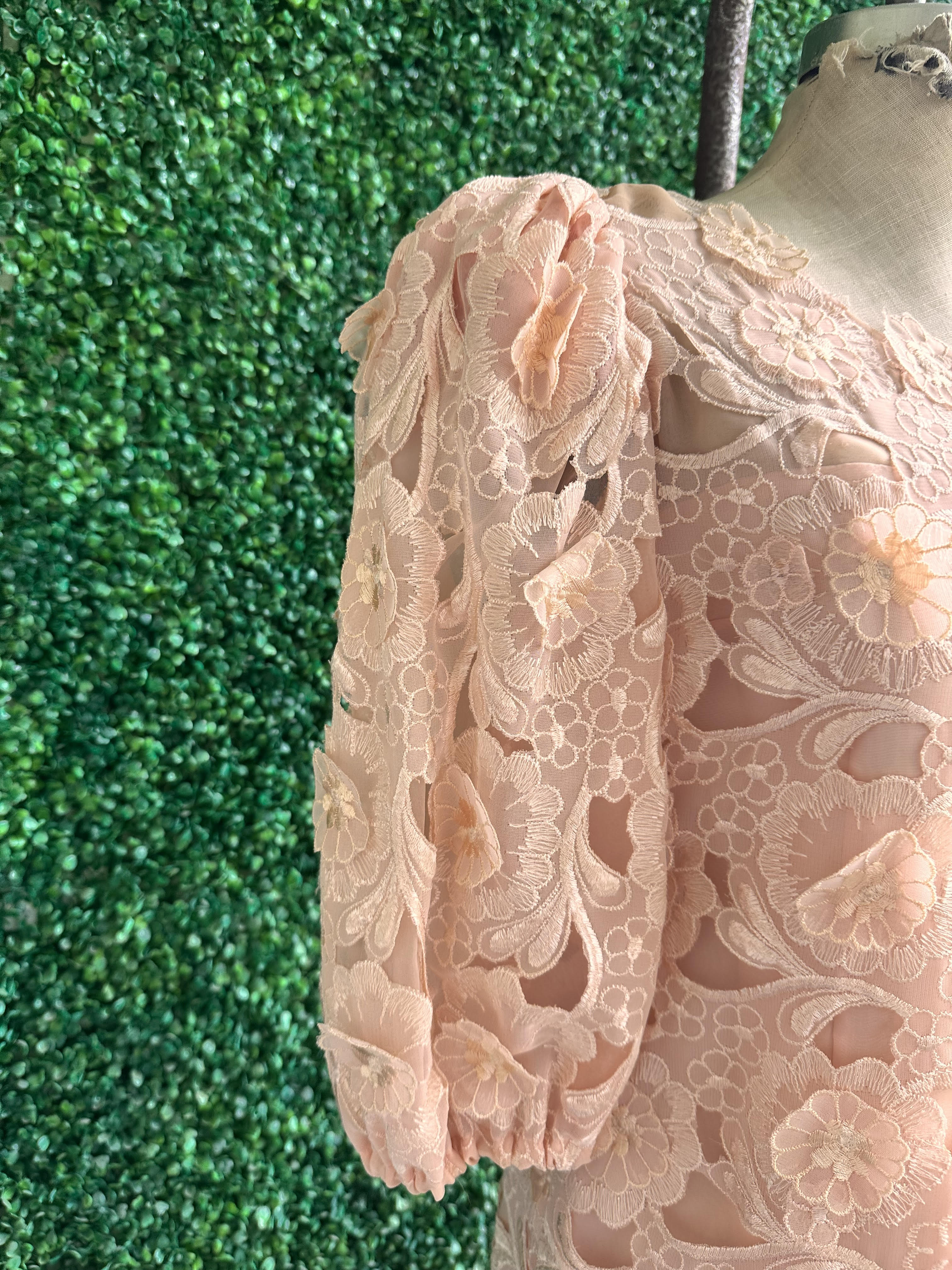 Vintage Peach Richilene Embroidered Lace Balloon Sleeve Dress