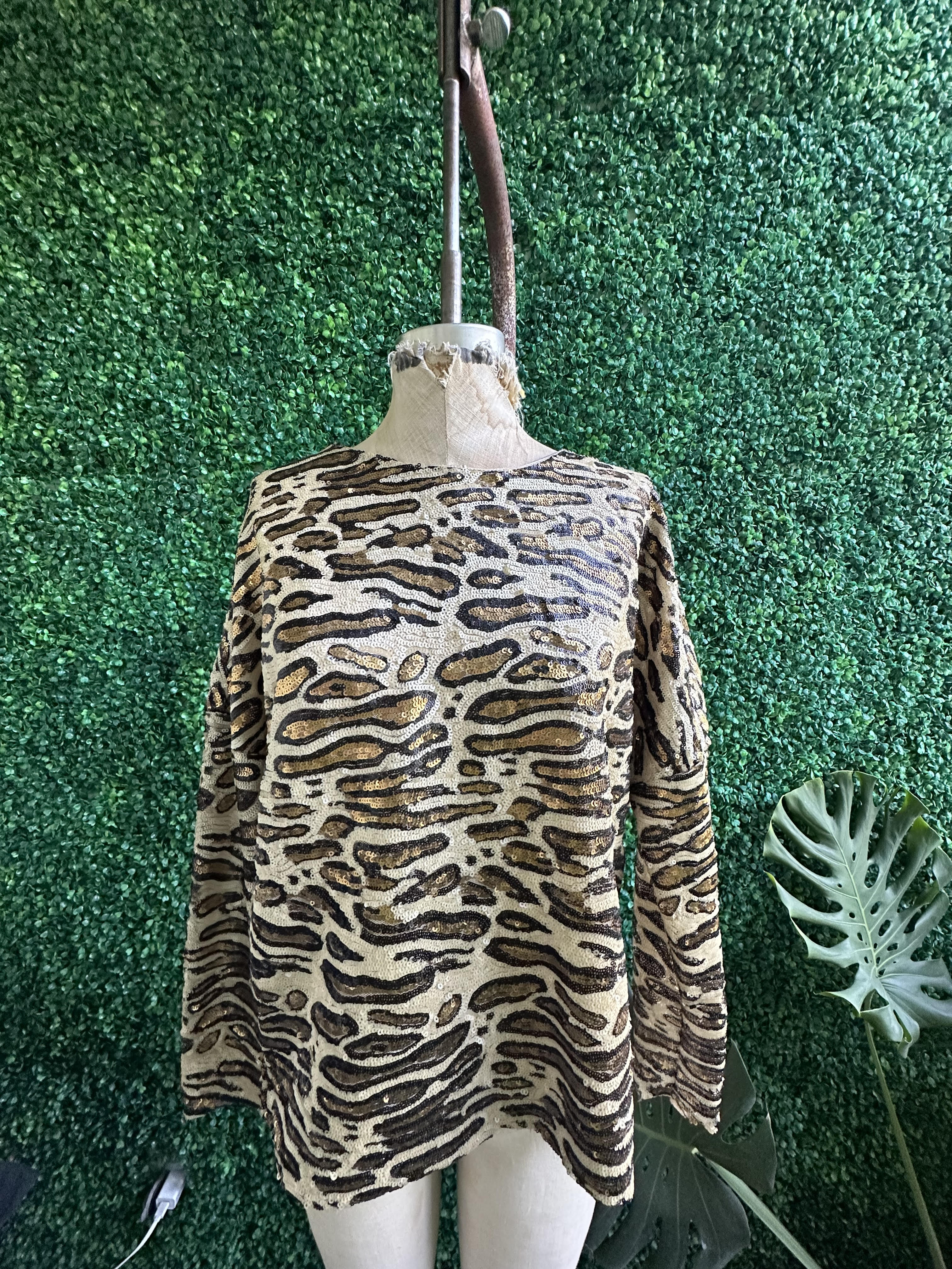 Zara Special Edition Leopard Cheetah Print Sequin Shirt Size Medium