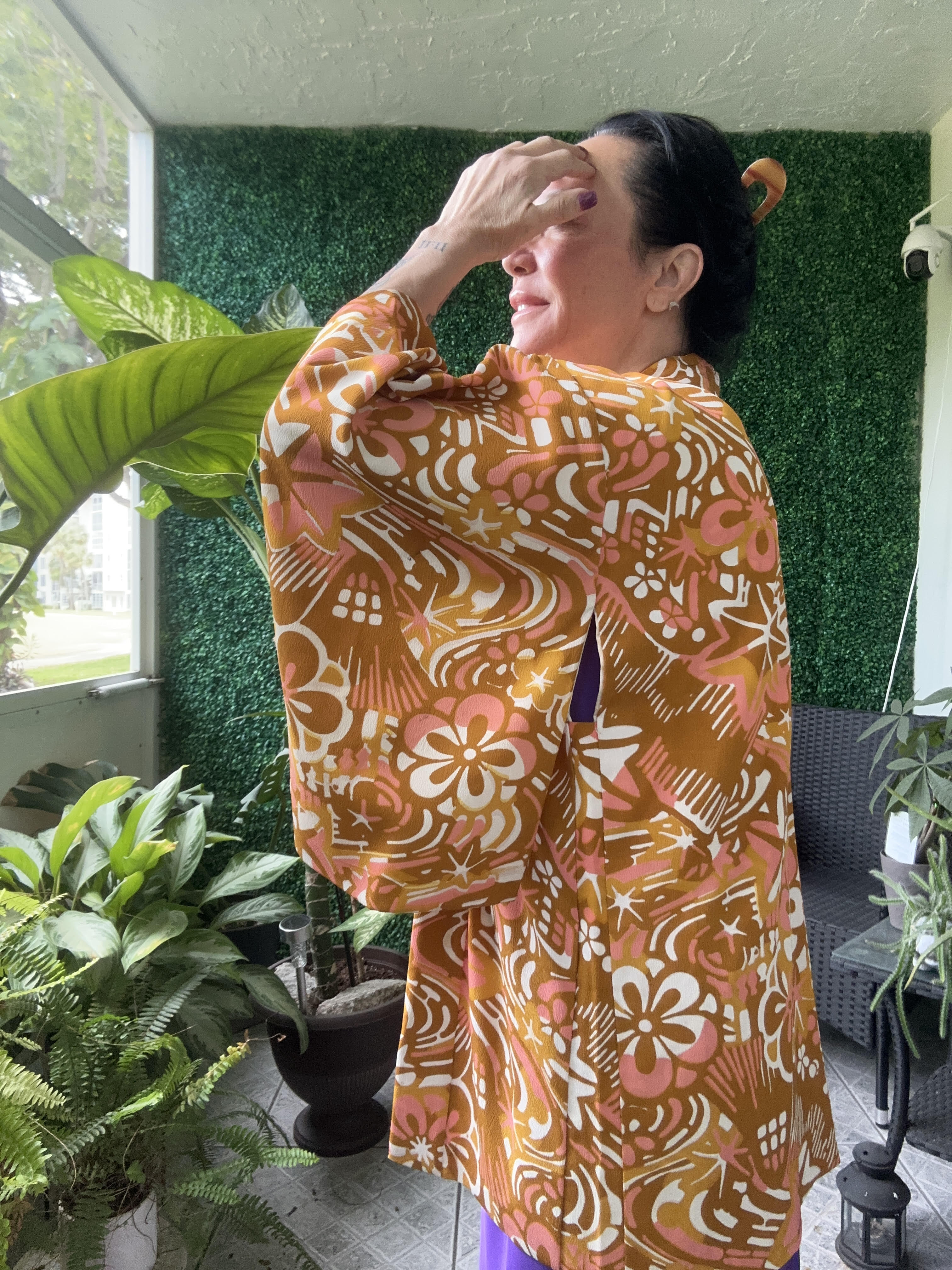 Original Kimono Vest Japanese Floral Orange pattern Women Traditional Robe