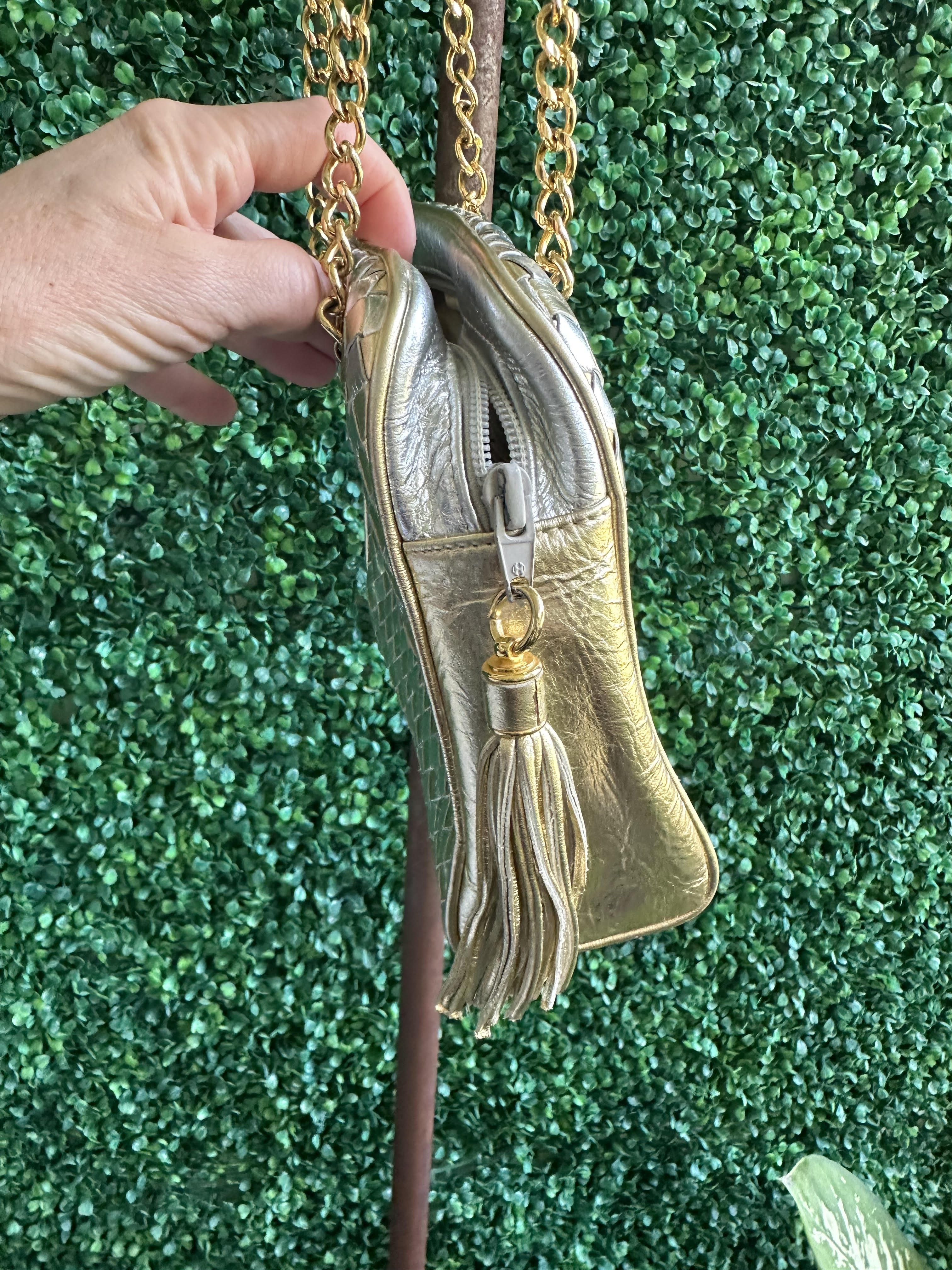 Vintage Italian Weave Gold and Silver Metallic Italian Leather Purse Chain Handbag