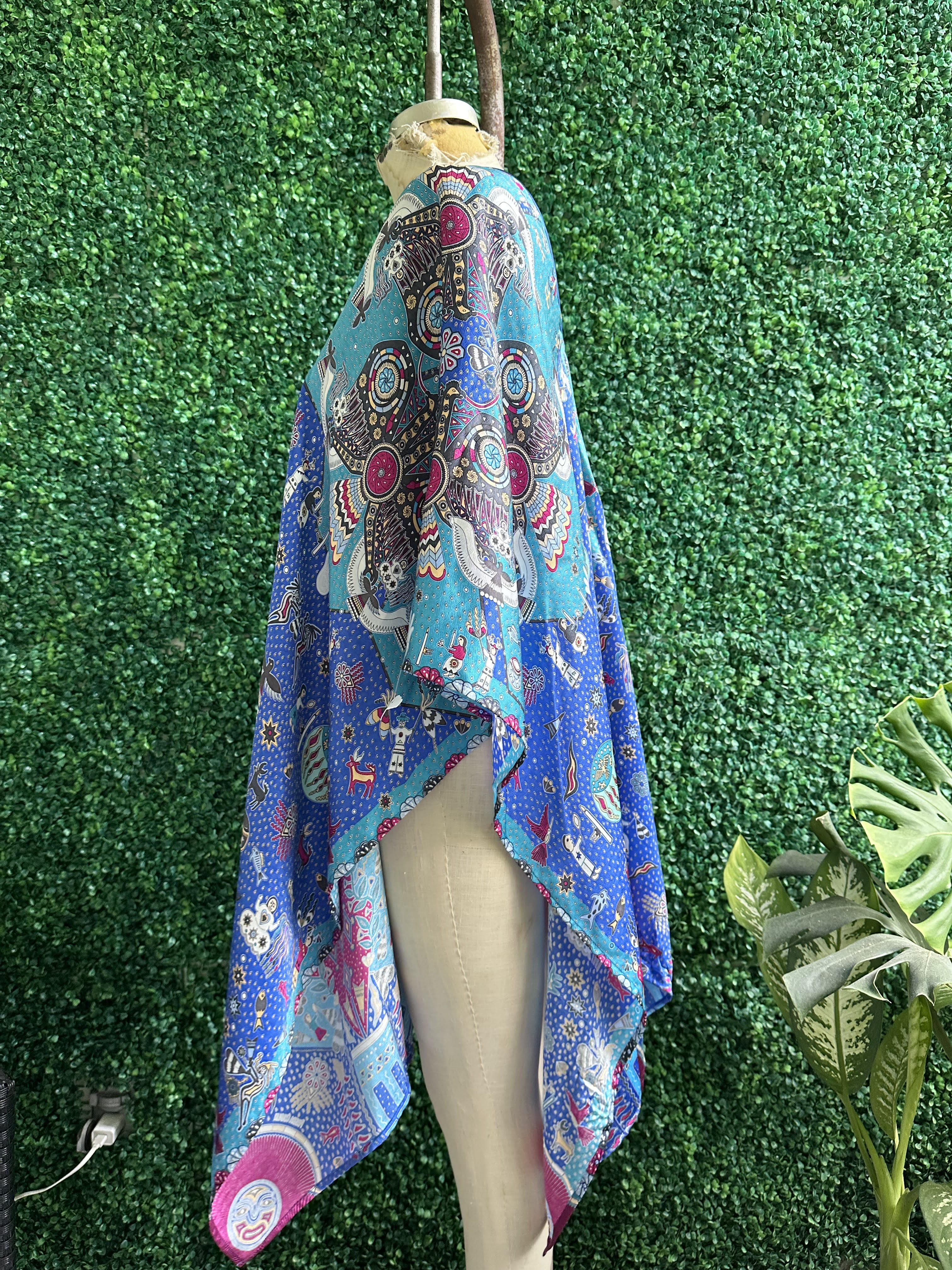 PINEDA COVALIN Blue Silk Kaftan Poncho AZtec Mayan Design Mexico