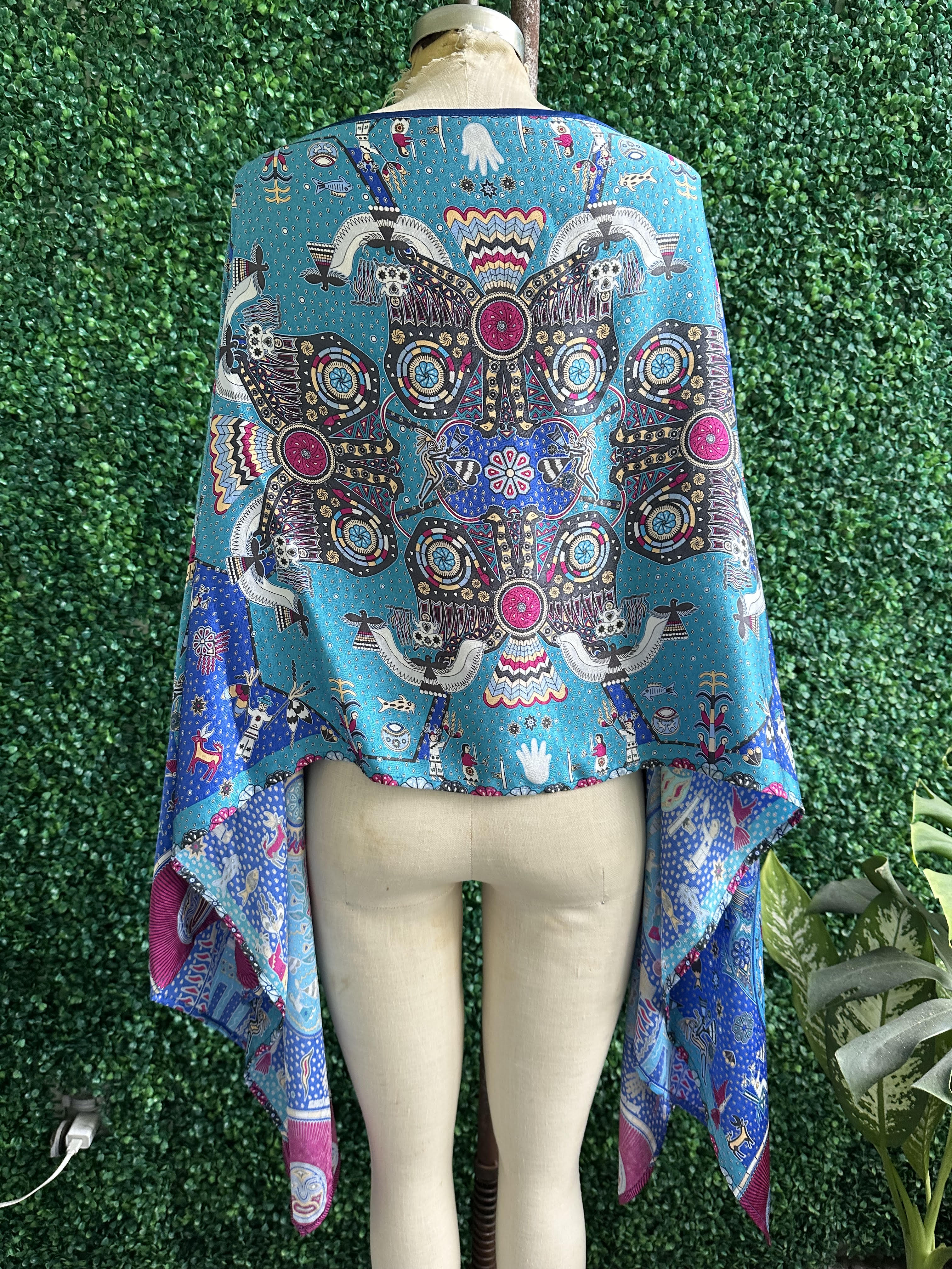 PINEDA COVALIN Blue Silk Kaftan Poncho AZtec Mayan Design Mexico