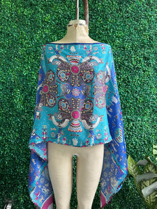 PINEDA COVALIN Blue Silk Kaftan Poncho AZtec Mayan Design Mexico