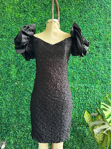 Vintage 80s Susan Roselli By Vijack Black Textured Cocktail Dress Puff Flower Off Shoulders Sleeves