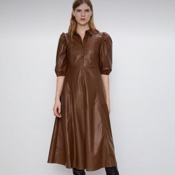 brown leather dress zara Faux Midi Secretary Large Sheath Dress – Cougar Vintage Shop gifts-for-them Police Dress Blues: Premium Color:Cream/Red/Blue Collared midi dress with