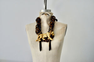Articulated Leopard Pendant Necklace Scarf Black Acrylic Link Chain and Tassels
