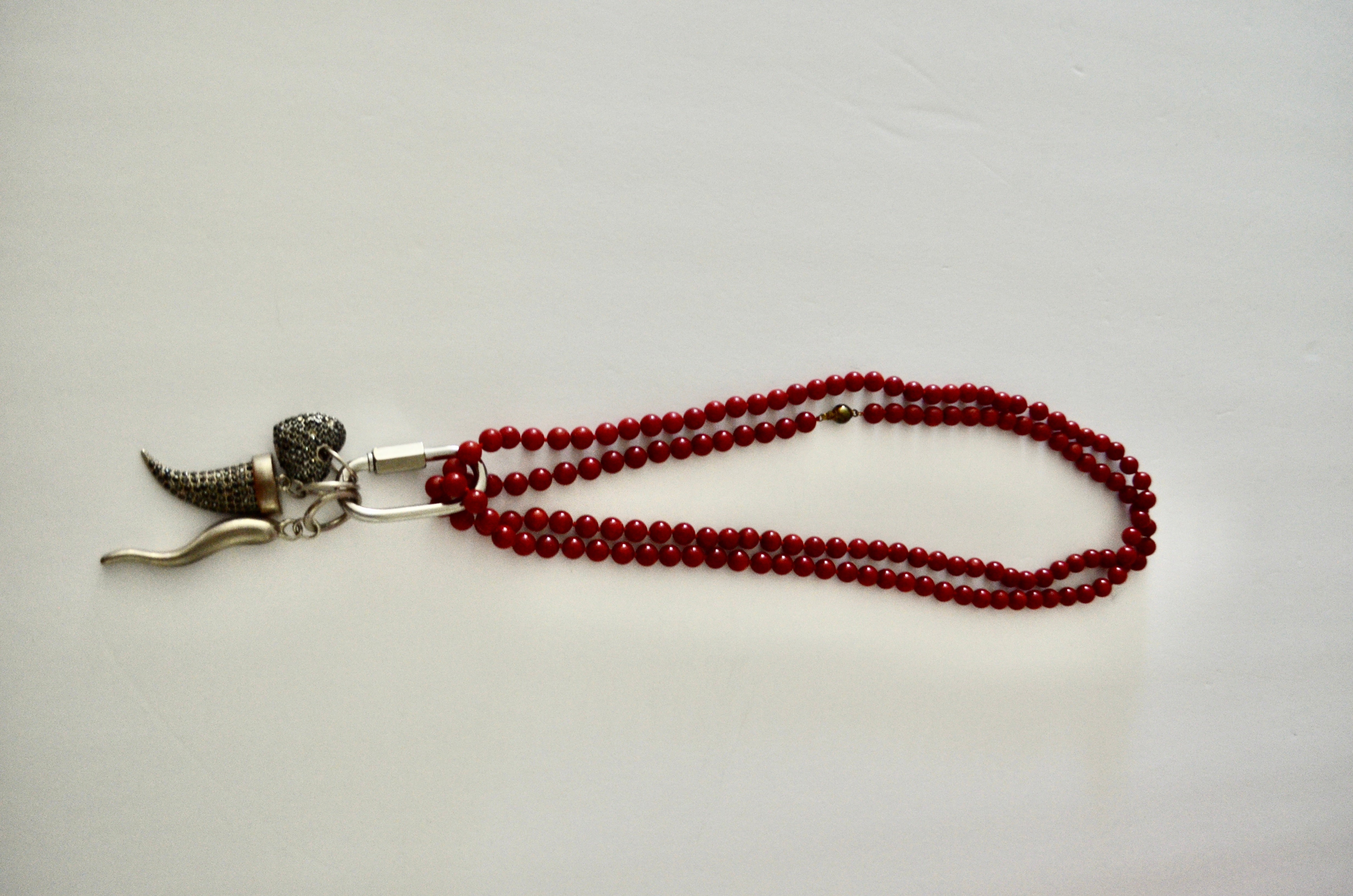 Coral Double Strand Necklace with Carabiner Lock Huge Pendants Statement Piece