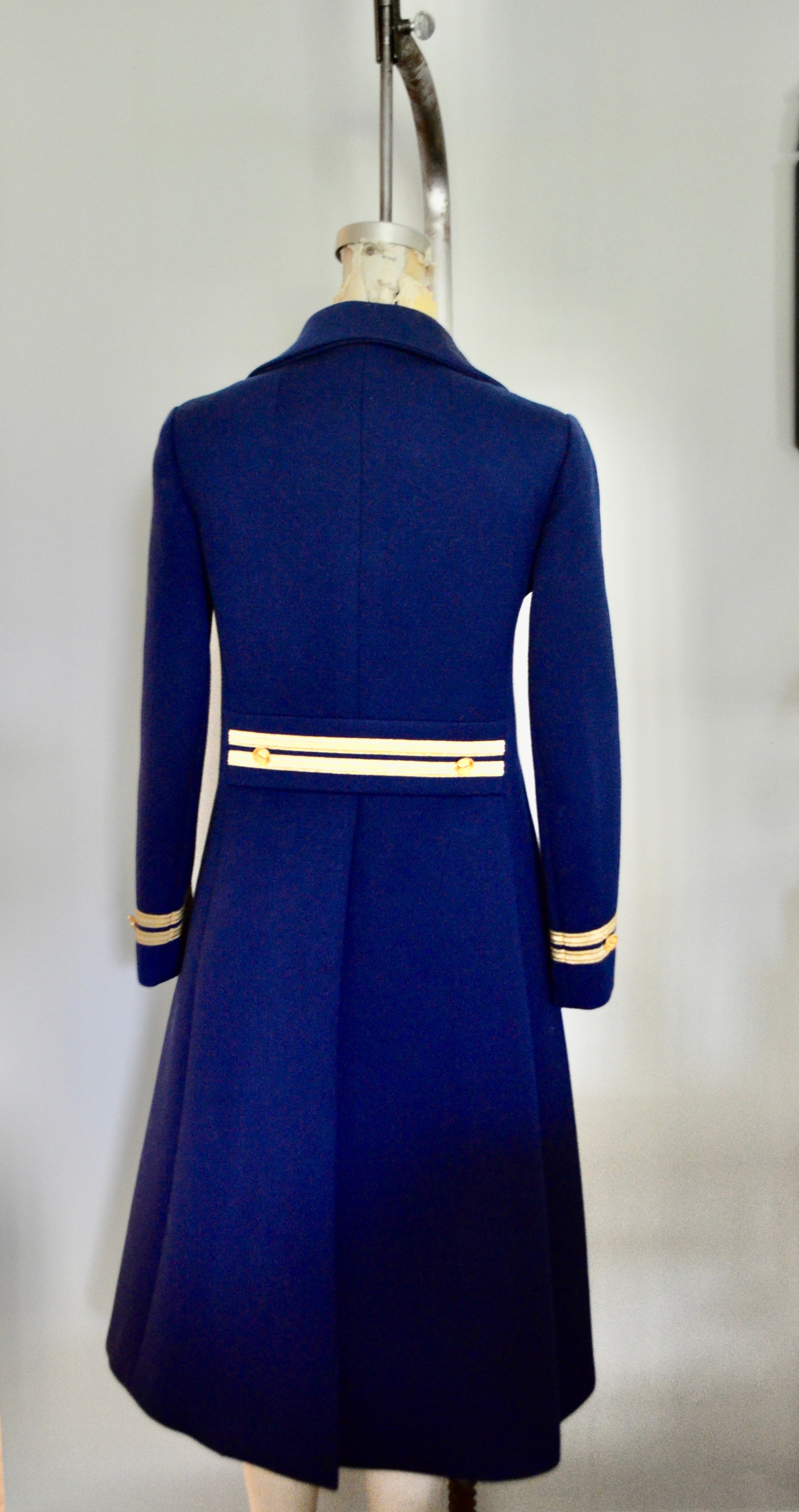 Vintage T Jones military blue navy pea coat with gold trim and crown buttons long jacket