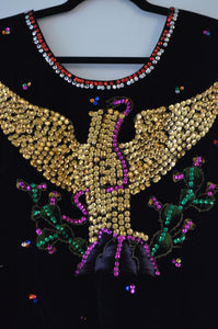 Vintage velvet black corset phoenix sequins Mexican embroidered top boho chic Burning Man Coachella Bustier