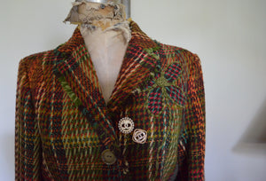 Tweed Green Orange classic Jackie O boucle with Flower Embroidery and C brooch