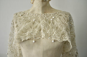 Victorian Sequin Beaded Sheer Lace Capelet Sleeve Shrug Shawl Appliqué Off White
