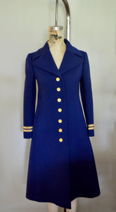 Vintage T Jones military blue navy pea coat with gold trim and crown buttons long jacket