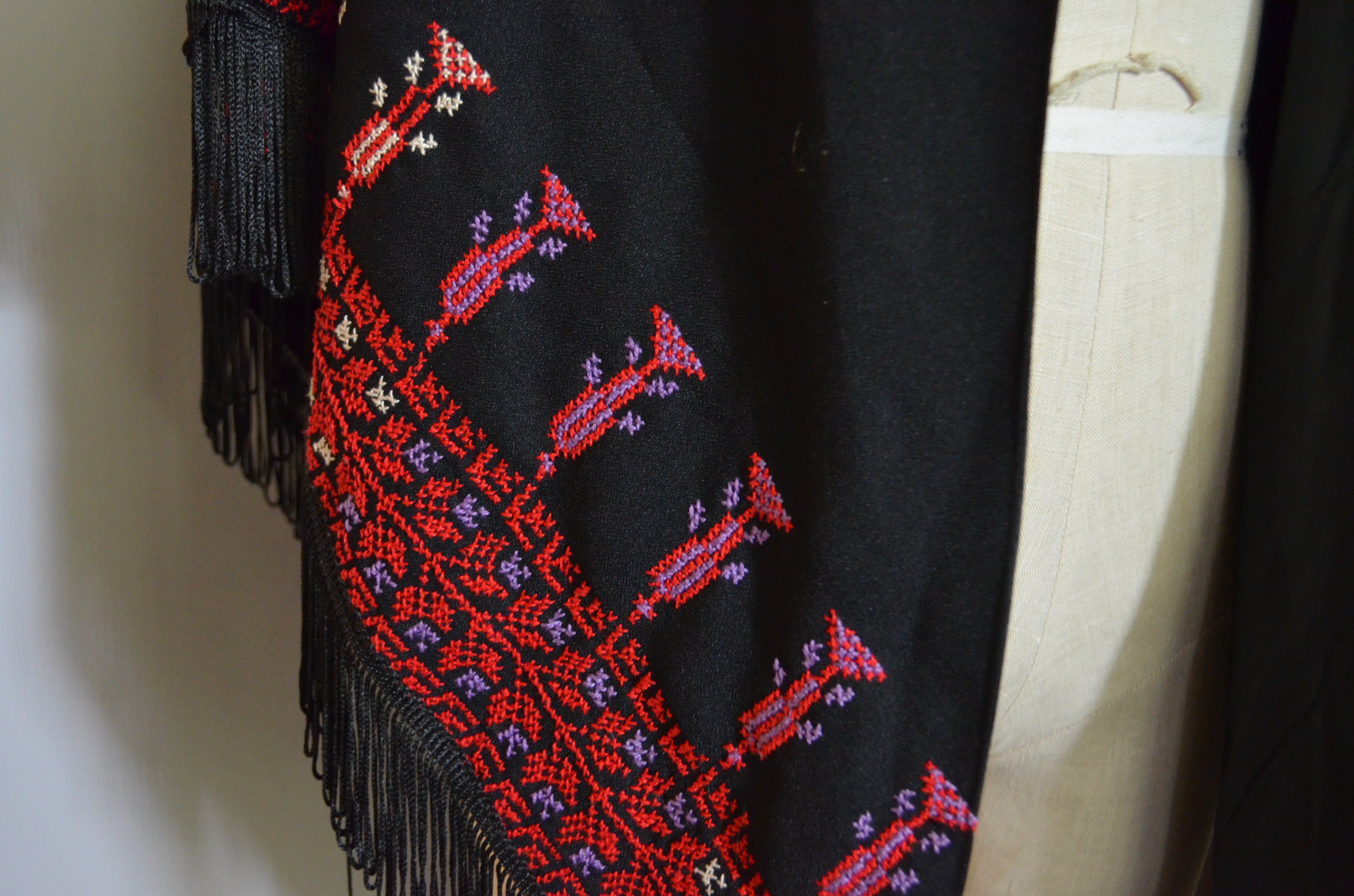70s Black wool piano embroidery fringe shawl Spanish Bohemian dance