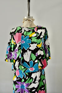 80s Huge Floral Colorful Flower Puff Sleeve Long Maxi Dress Boho Chic Casual Party Spring