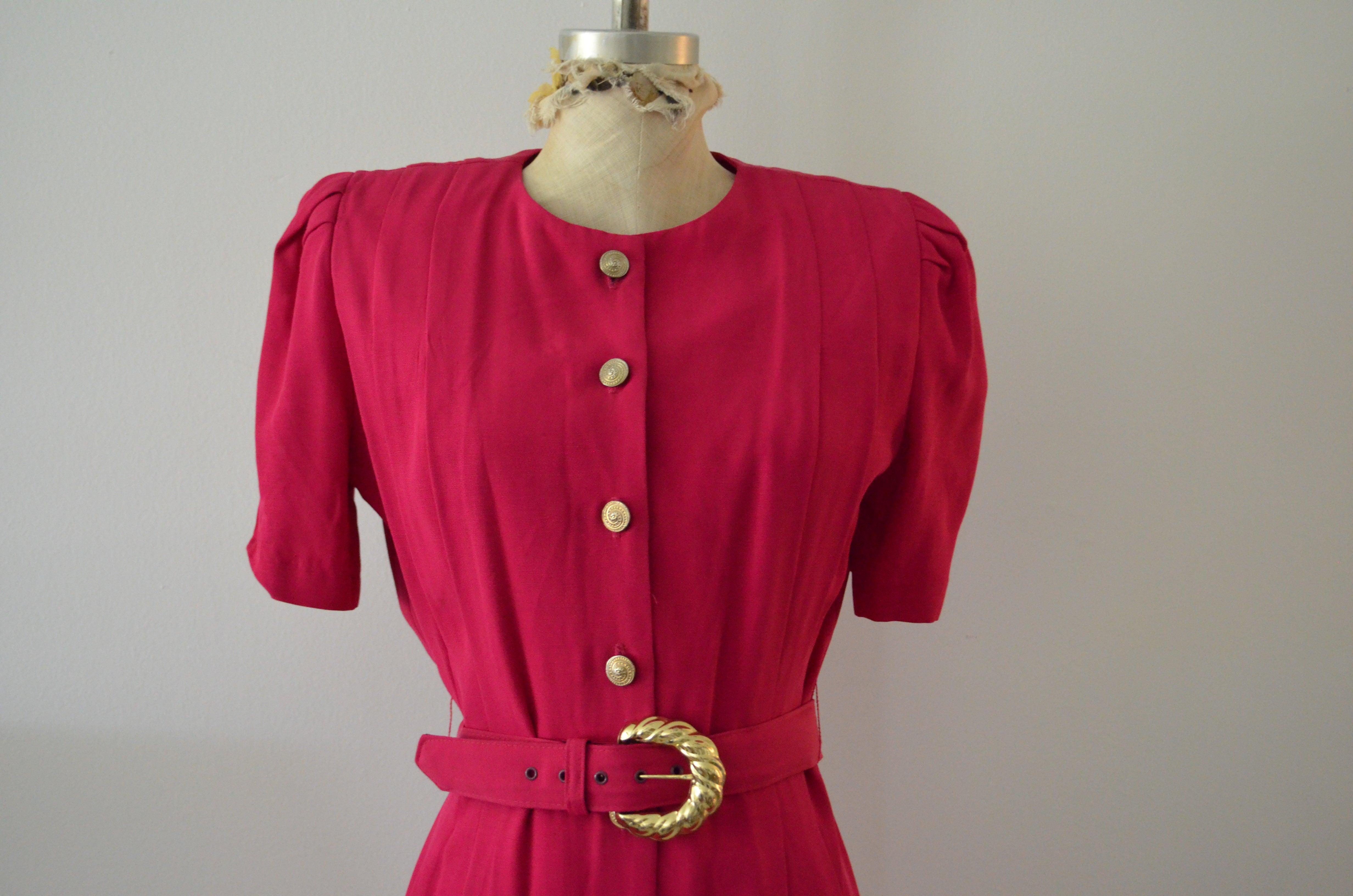 1980S Blazer Dress By S L Petites Pink Button Down Shirt Dress With Matching Belt Linen Shoulder Pads