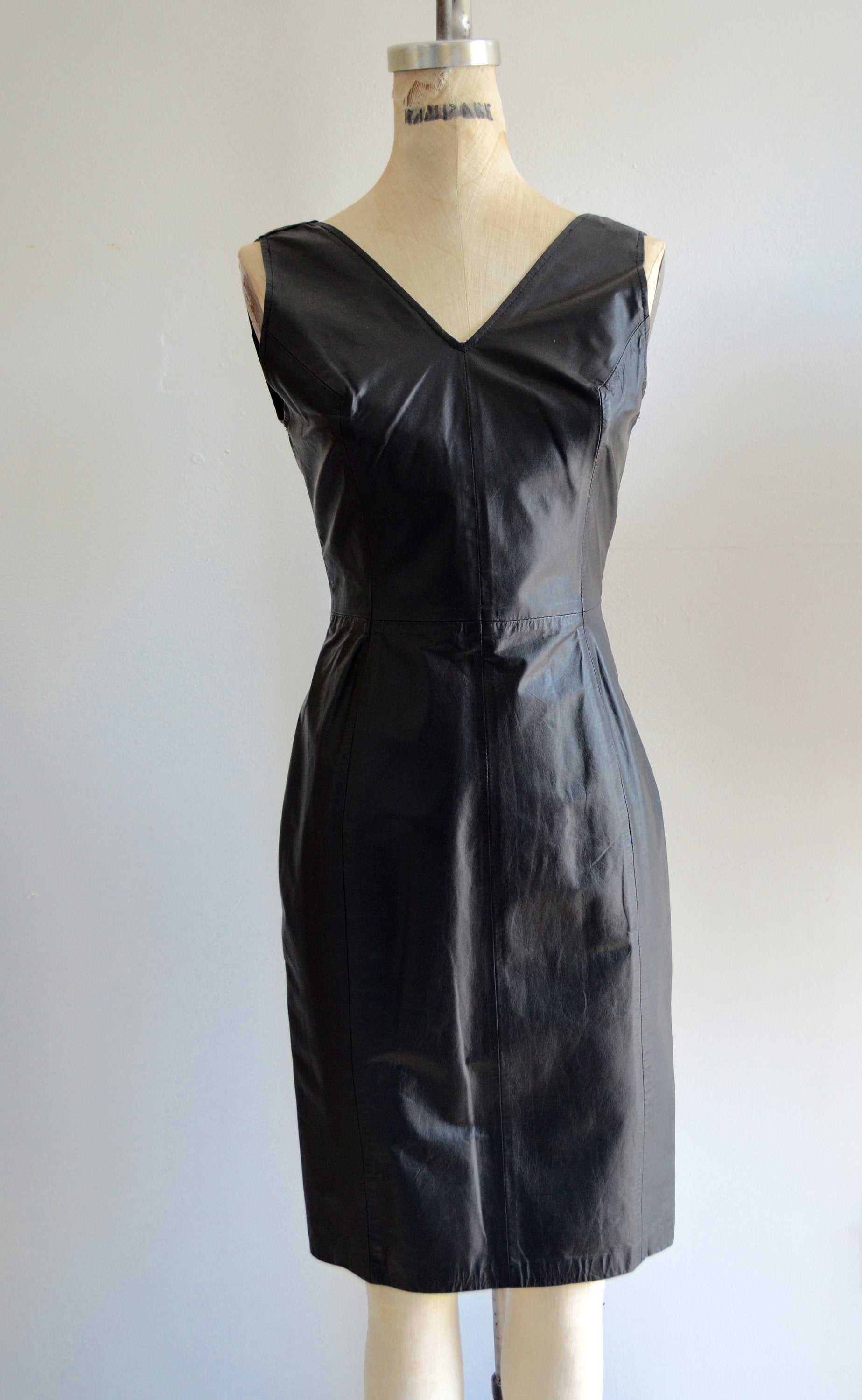 80S Military Leather Sheath Dress Sleeveless Paneled Black Plunging Neckline Rock Secretary Dress