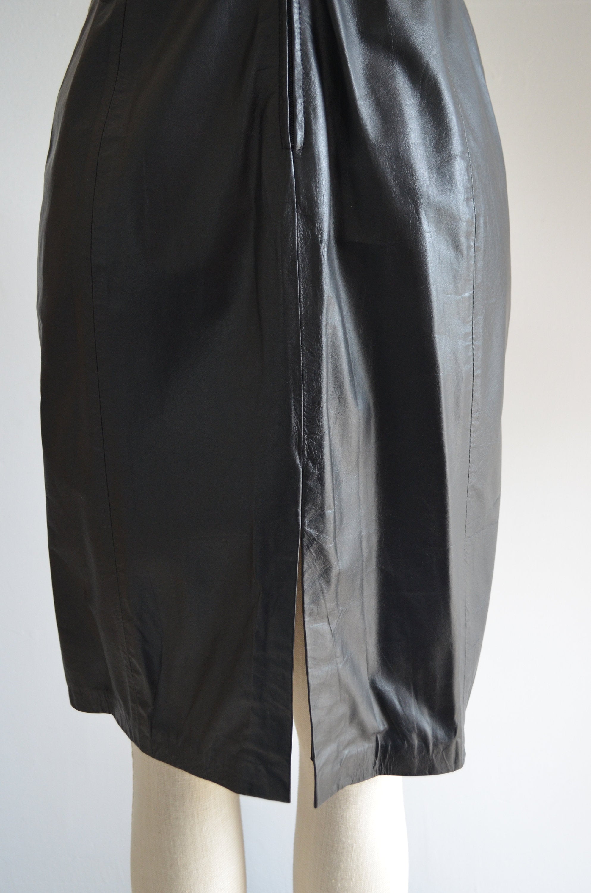 80S Military Leather Sheath Dress Sleeveless Paneled Black Plunging Neckline Rock Secretary Dress