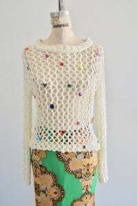 Fishnet Crochet Crystal Beaded Sweater Sheer Indie With Pencil Chain Jewelry Skirt Matching Set