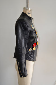 1990S Reworked Leather Moto Bike Jacket Blazer Multicolor Sequined Floral Military Medals