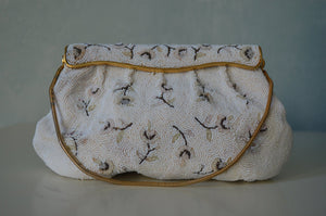 Saks Fifth Avenue White Beaded Floral Purse With Mirror Case Bag