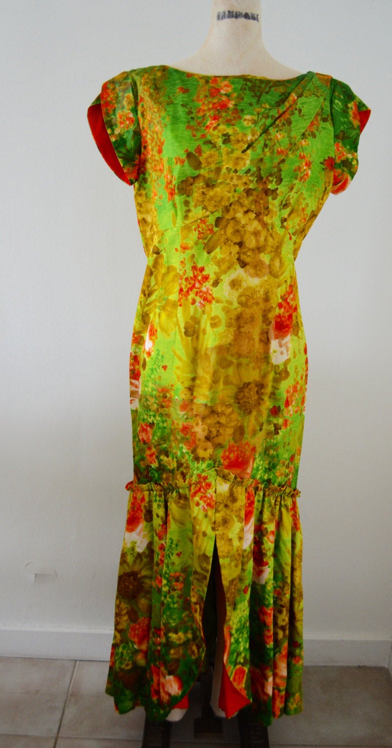 hawaiian dress designers 70S Elsie Krassas Designer Dress Hawaiian Watteau Train Light Green, O Cougar Vintage hawaiian dress designers 70S Elsie Krassas Designer Dress Hawaiian Watteau Train Light Green, O Cougar Vintage