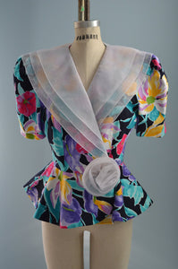 80S Puff Sleeve Blouse Bold Floral Peplum Jacket Top By Joan Leslie Fashion Paris