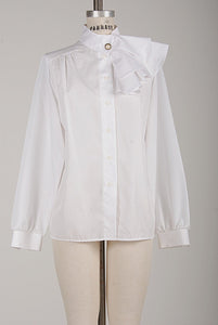 Renaissance Romance Lady Like Bow Tie Ruffled Button Down Shirt With A Pearl Button