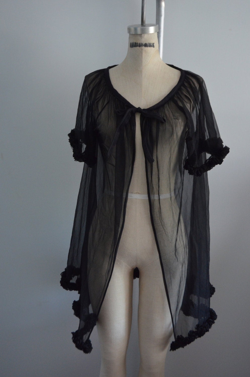 Sheer Black Cape Sexy Ruffled Shaw Boudoir Bed Wedding Hollywood Party