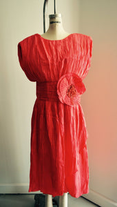 80S Ruffled Pleated Red V Line Shoulder Sequined Flower Dress Cocktail Fashion