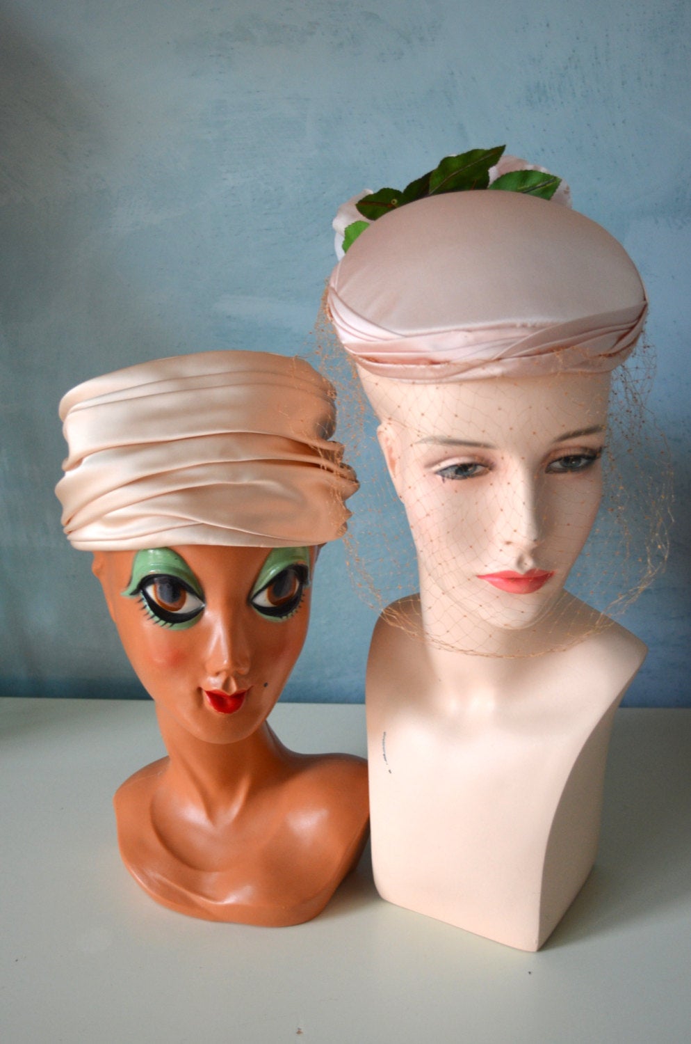 Peach Pink Satin Ladies Hats Lot Of Two Flowers/ Netting/Pillbox/Flower Wedding Bridesmaid