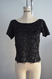 1960S Jo Ro Imports Black Sequined Beaded Fringe Top Handicraft Cropped Size M