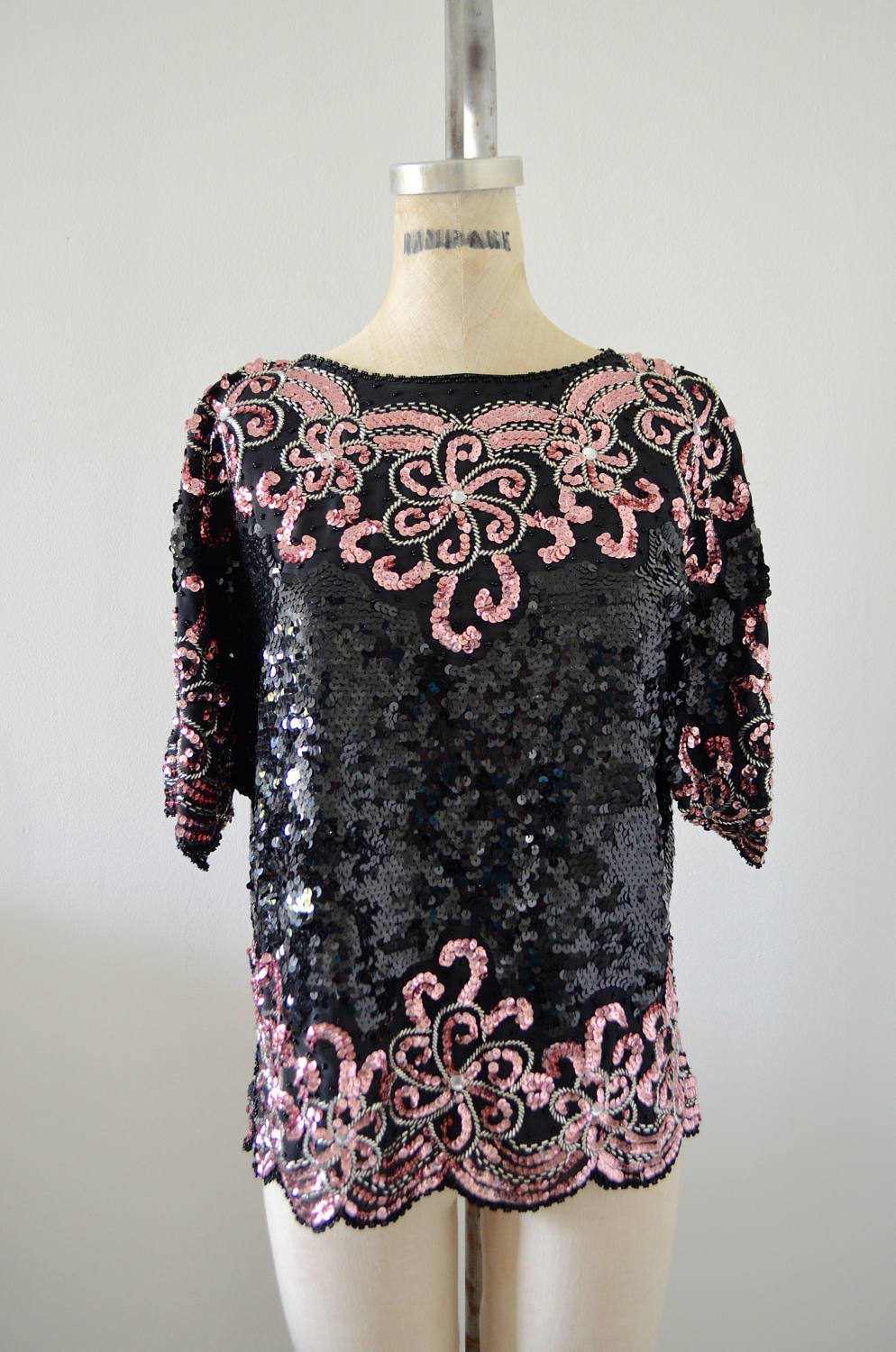 Raglan Black Floral Pink Roses Arabesque Design Sequined Beaded Silk Top Blouse Style Fall 2017