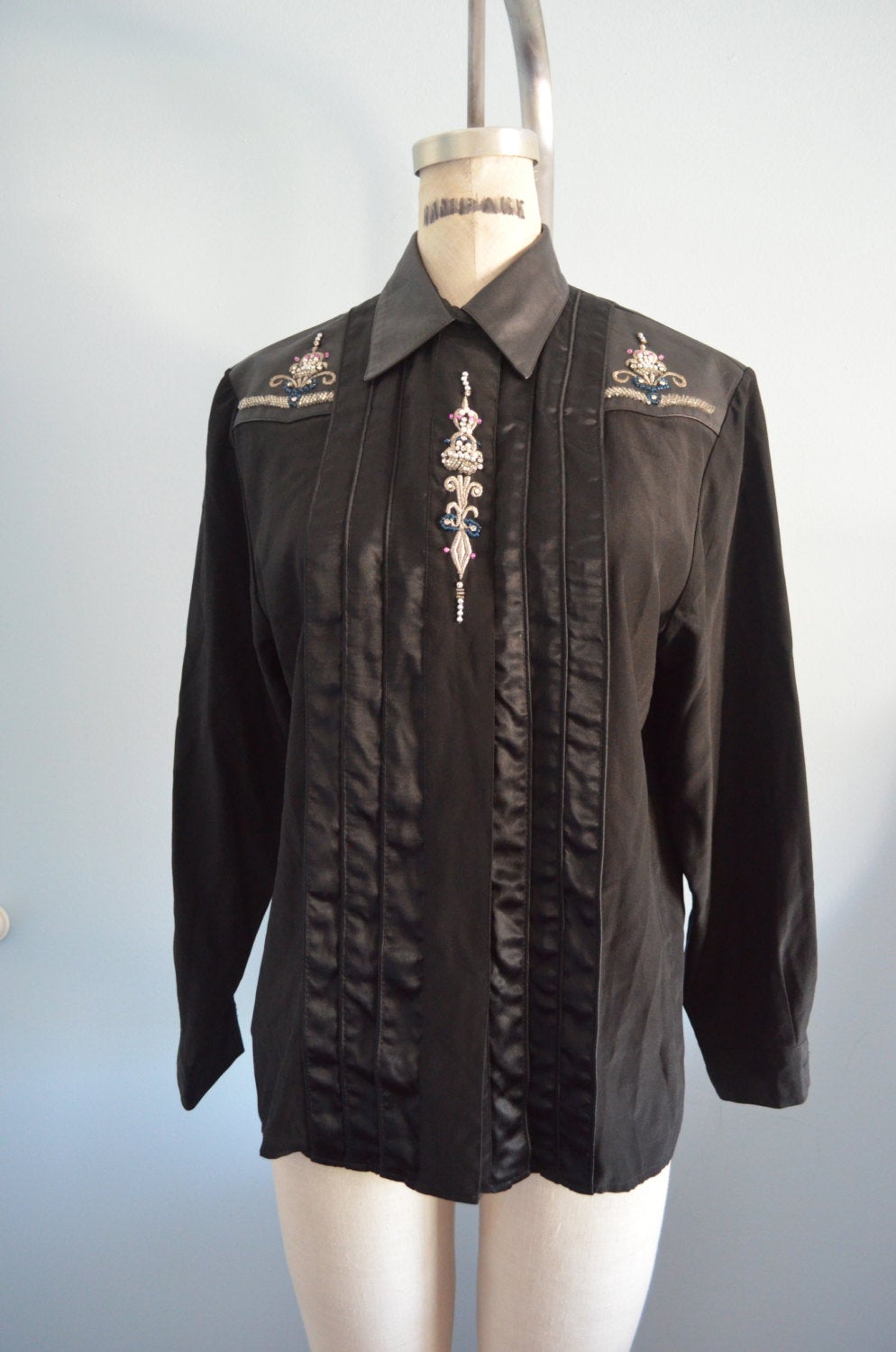 Chic Black Silk Erez Leather Crystal Embroidery Shirt Blouse Button Down Long Sleeve