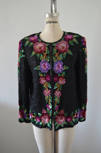 Laurence Kazar Sequined Beaded Cropped Jacket Multicolor Floral Cocktail Wedding Nye XL
