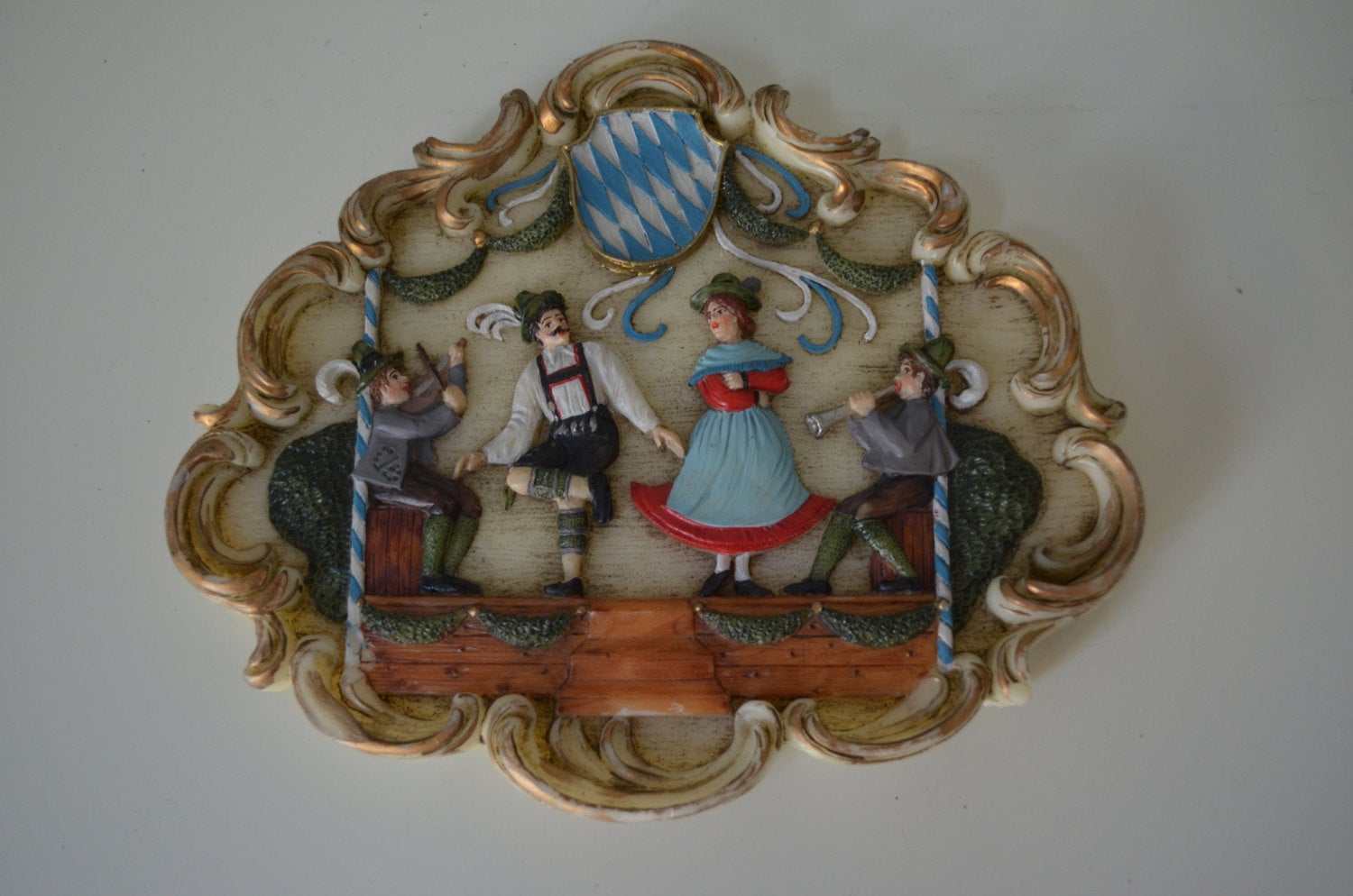 Antique German Ornate Hand Carved Wax Art An Oompah Band Wall Frame