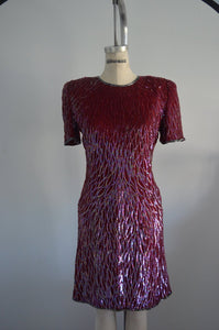 Glam Laurence Kazar Burgundy Sequined Beaded Shinning Dress Style