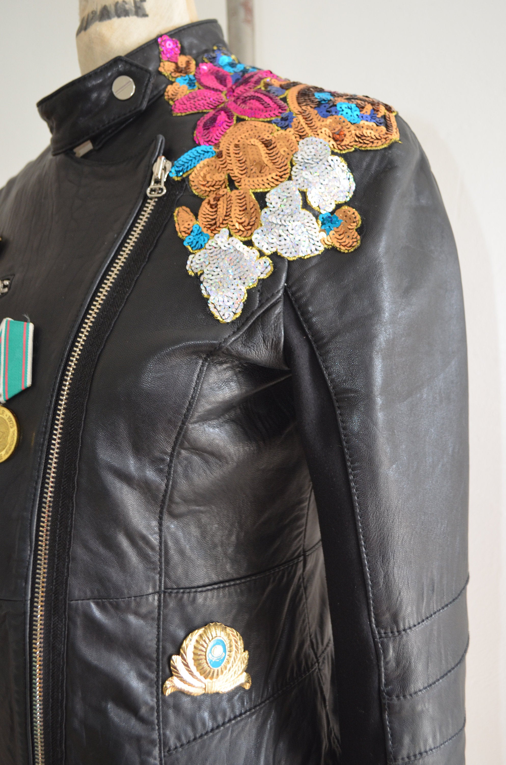 1990S Reworked Leather Moto Bike Jacket Blazer Multicolor Sequined Floral Military Medals