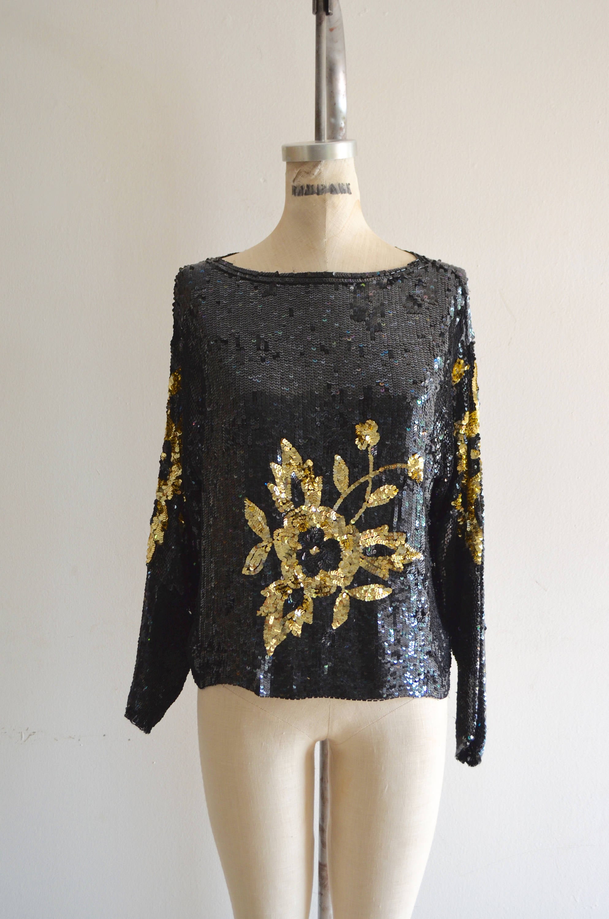 80S Black Gold Floral Sequin Flower Beaded Dolman Sleeve Silk Top Heavily Blouse Style