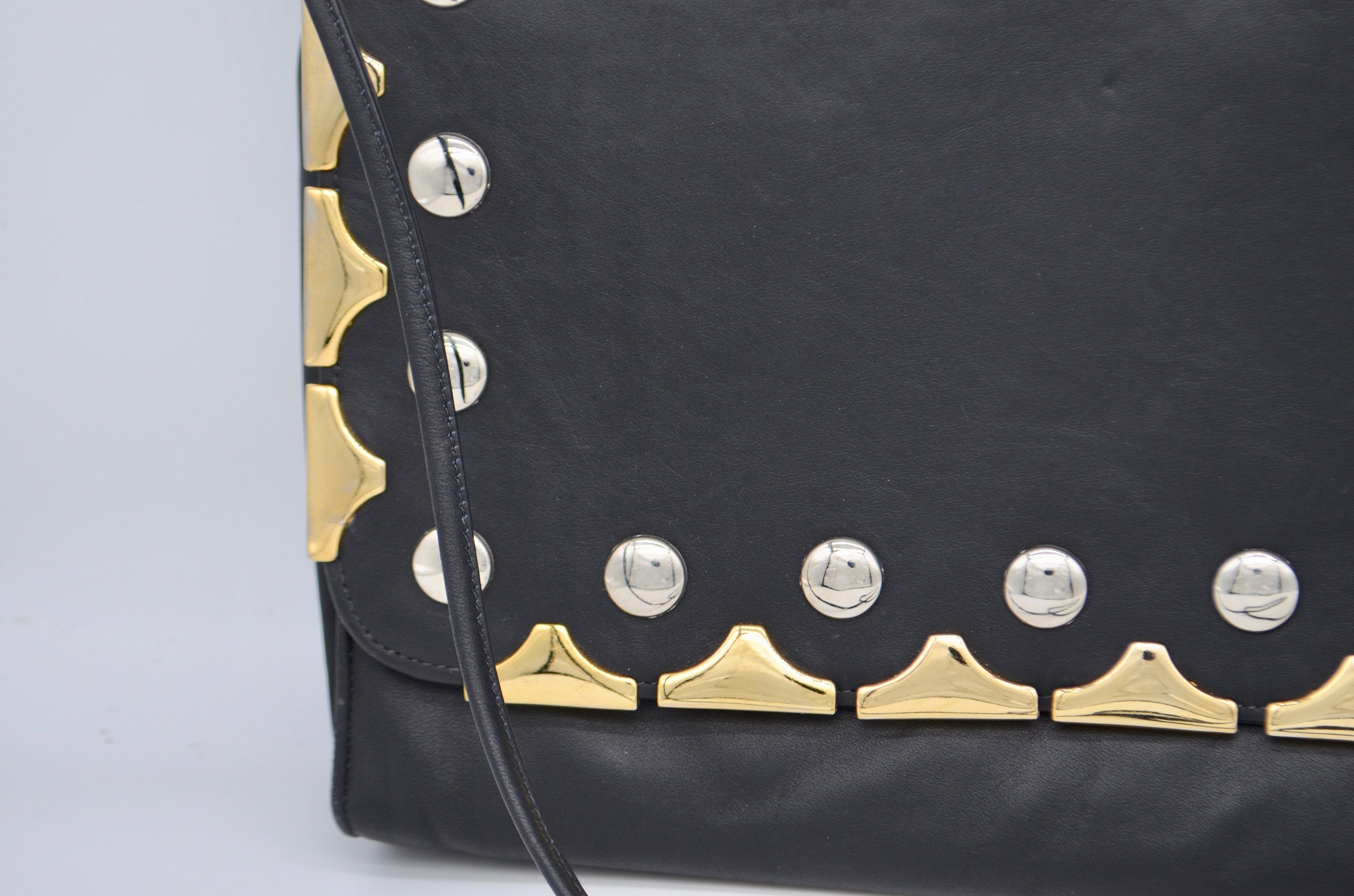 1990 Jenny Tee Black Leather Oversized Clutch Purse Gold & Silver Studs Spaghetti Strap Shoulderbag
