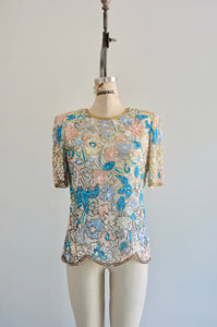 Laurence Kazar White Multicolor Floral Roses Sequined Beaded Pearl Silk Top Scalloped Hem Blouse