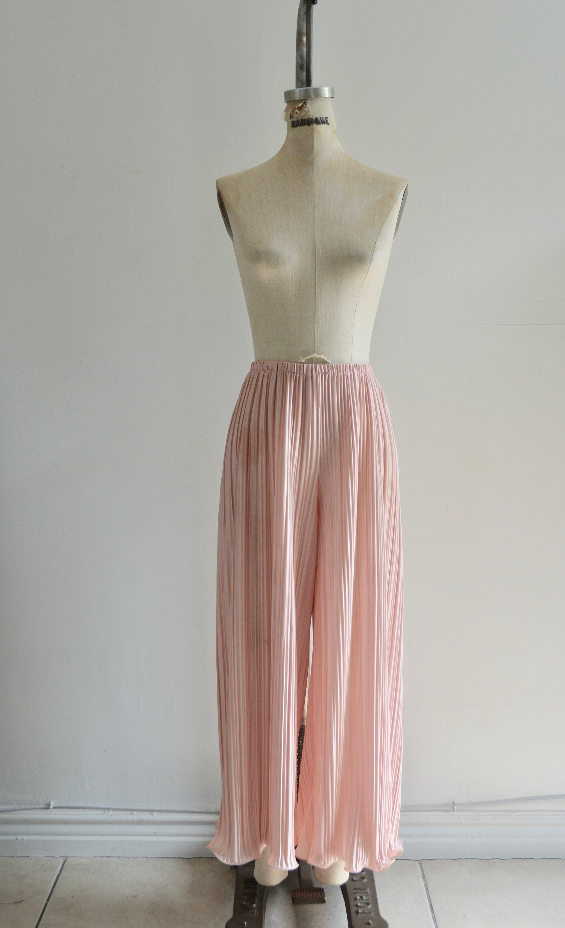 Boho 70S Pastel Salmon Pink Pleated Palazzo Pants Fashion Style Wide Bottom Trousers