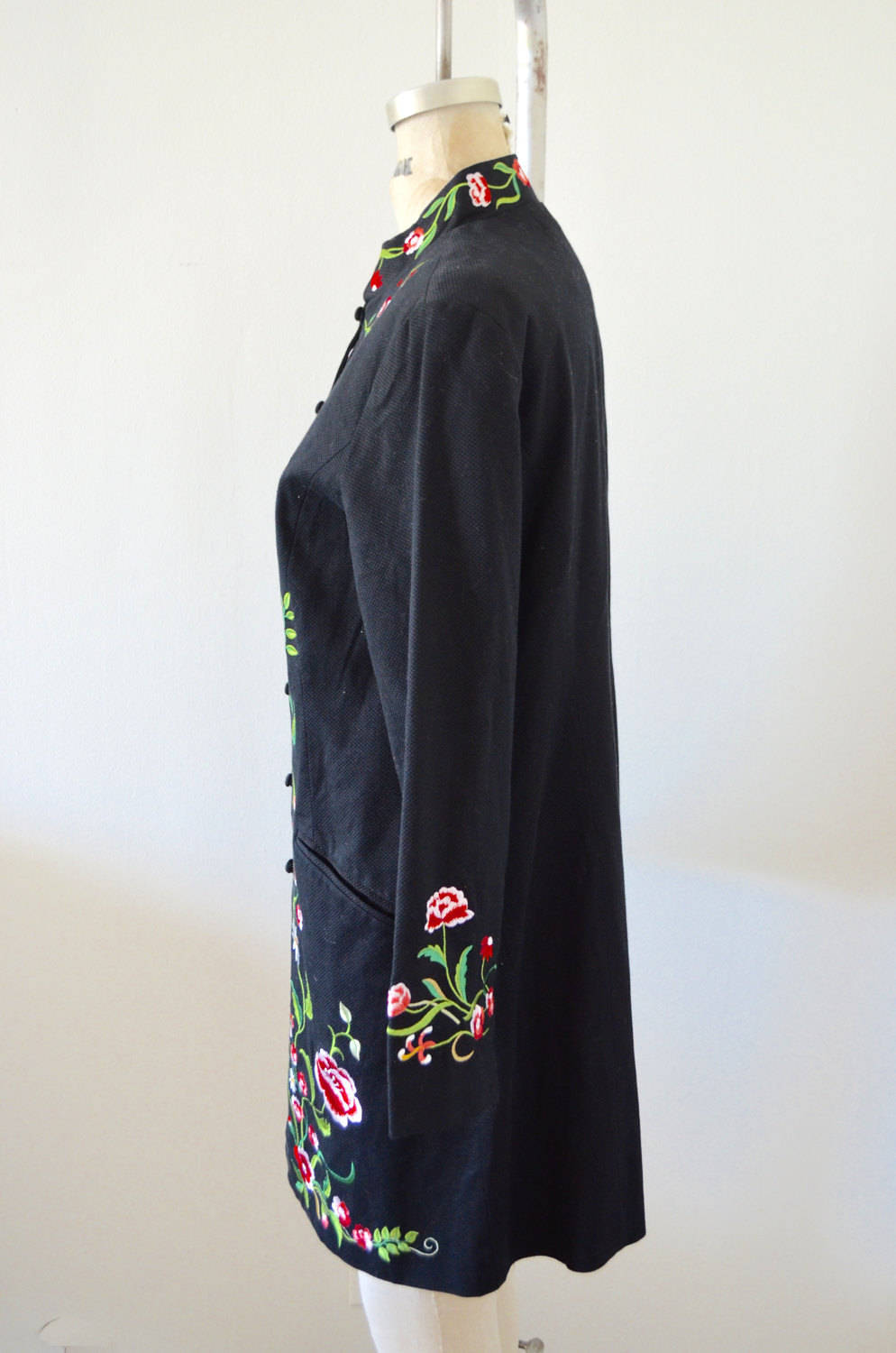 Victor Costa Black Embroidered Duster Long Asian Floral Garden Printed Jacket Coat