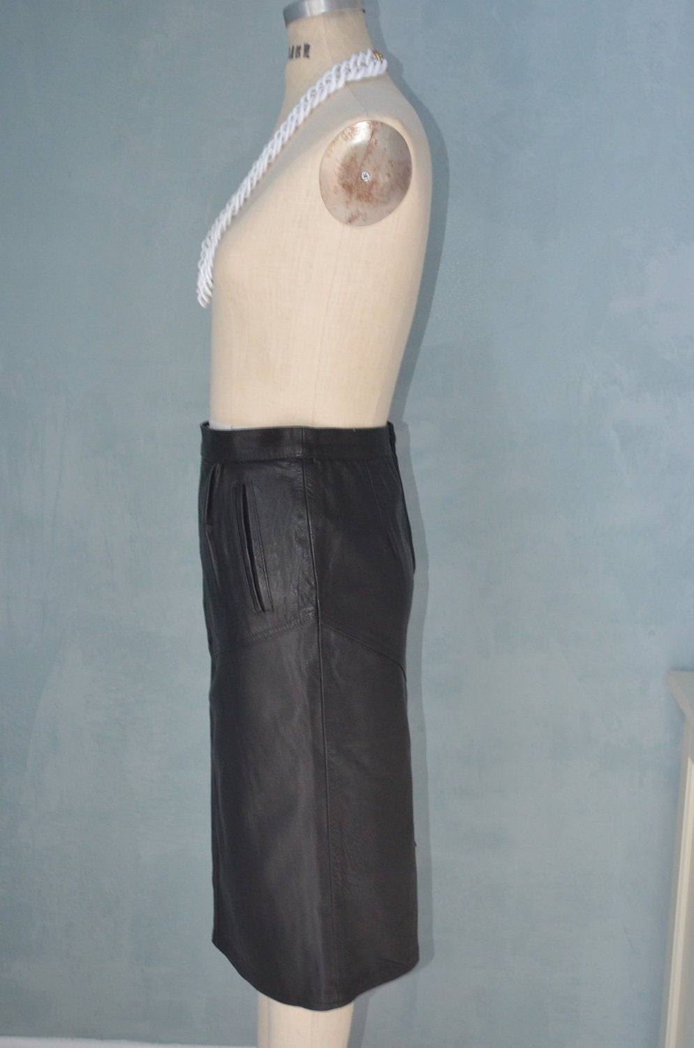 80S Italian Black Leather Pencil High Waisted Skirt