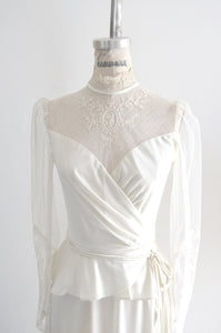 1950S Sweetheart Lace Tulle Wedding Ruffled Waist Gown Off White High Neck Dress Sheer Long Sleeve