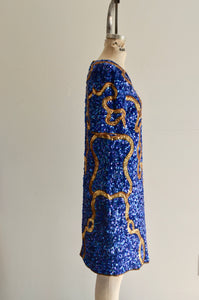 Laurence Kazar Blue Purple & Gold Sequined Silk Sun Star Dress Short Sleeve Party Cocktail Dress