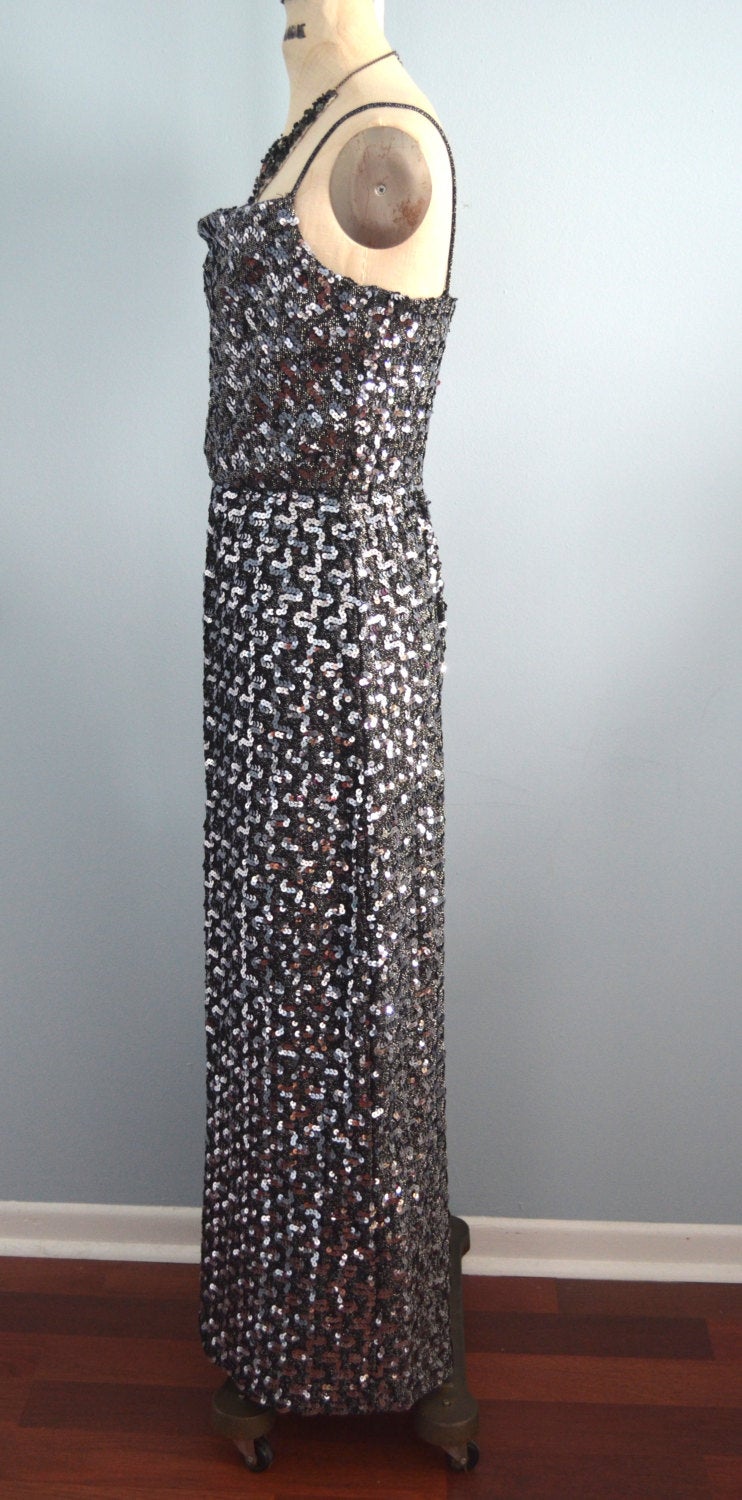 70's Lurex Knit Sequined Black & Silver Long Cocktail Dress