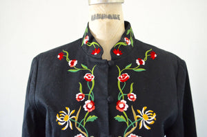 Victor Costa Black Embroidered Duster Long Asian Floral Garden Printed Jacket Coat