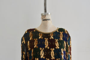 Multicolor Gold Sequin Coiled Flower Beaded Scallop Dolman Sleeve Silk Top Blouse