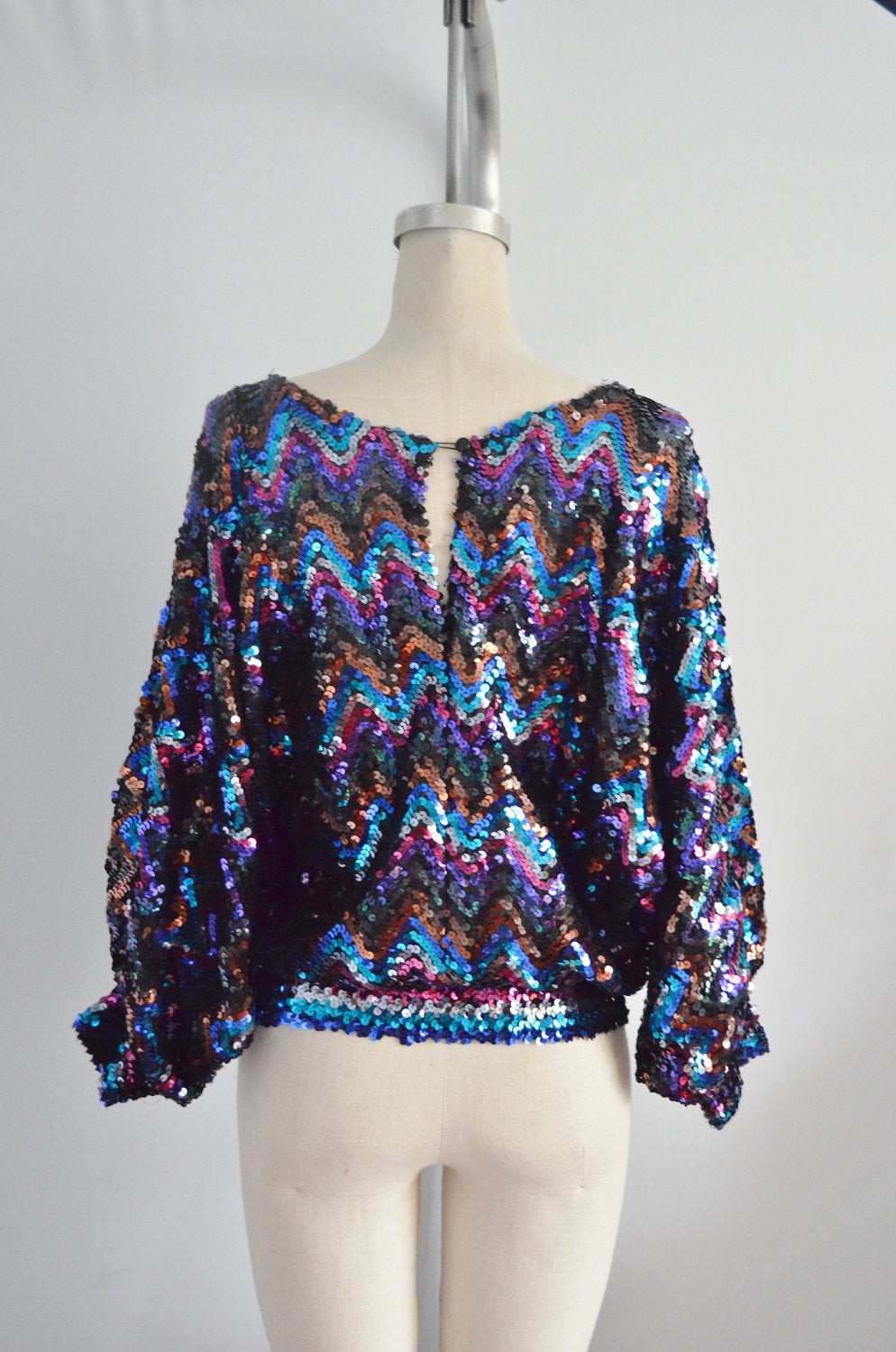 Batwing Disco Glam Sequined And Beaded Top Blouse Multicolor Style