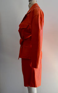 80S Lillie Rubin Coral Leather Matching Set Suit High Waist Shorts & Trench Coat Cropped Batwing